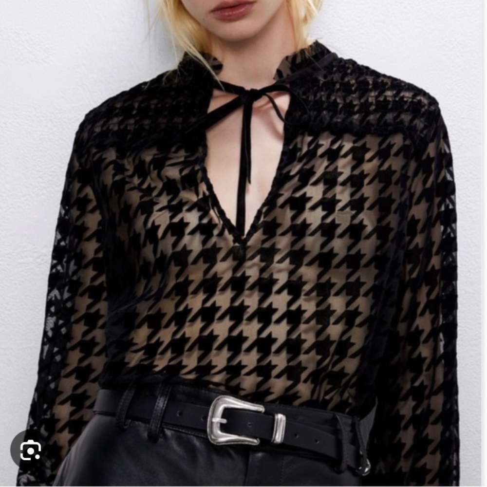 “ZARA” Sheer Flocked Houndstooth Blouse